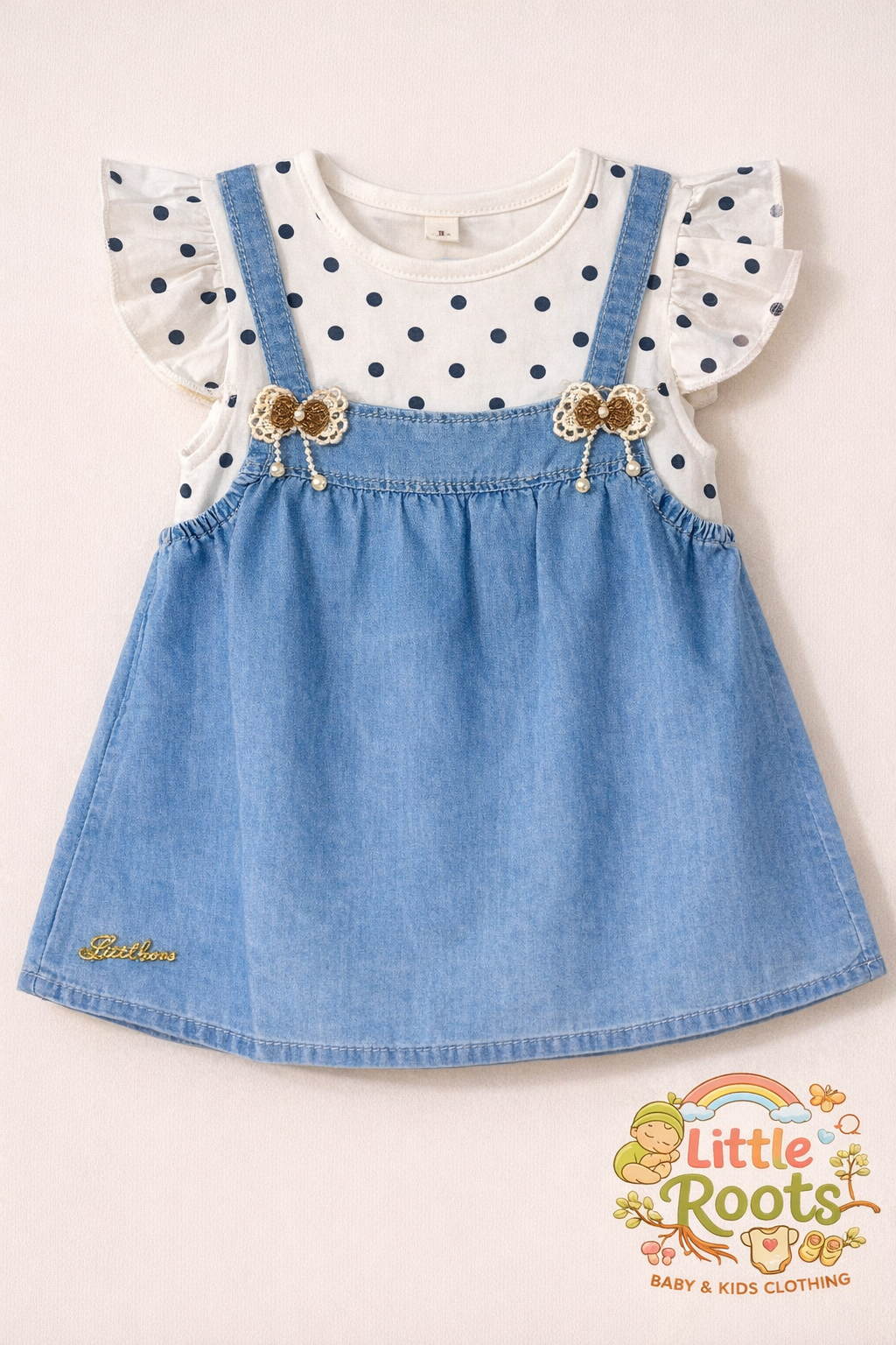 Baby Girl Denim Style Dress with Polka Dot Sleeves