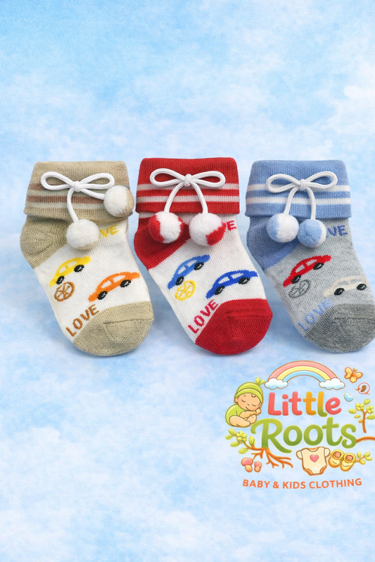3 Pcs Baby Socks Set – Soft Cotton Car Print Newborn Socks