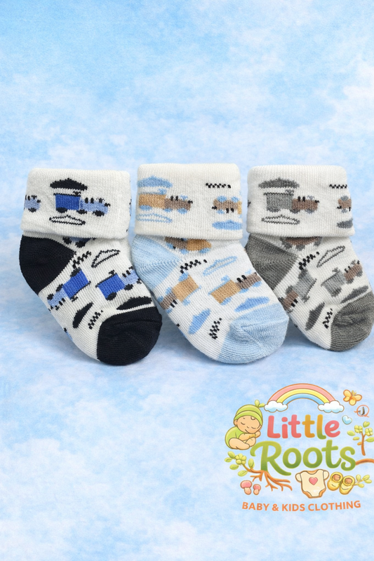 3 Pcs Baby Socks Set – Soft Cotton Transport Print Newborn Socks