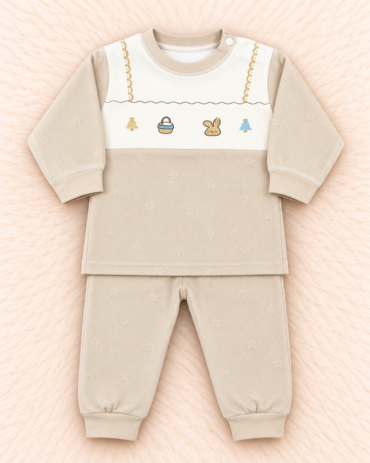 Imported Warm Velvet Baby Shirt & Trouser Set – Star Print | Littleroots Pakistan
