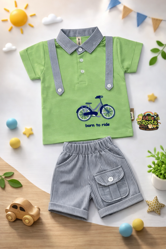 Baby Boy “Born to Ride” 2 Piece Summer Set – Polo Shirt with Suspenders & Striped Shorts
