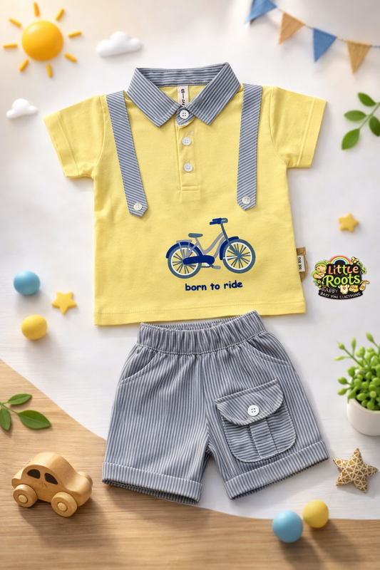 Baby Boy “Born to Ride” 2 Piece Summer Set – Polo Shirt with Suspenders & Striped Shorts