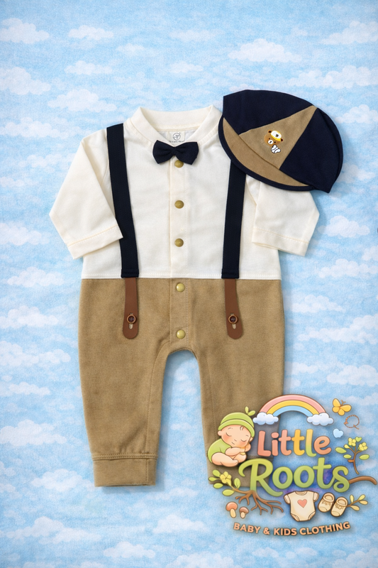 Silver Dew - Baby Boy Bow Romper with Cap