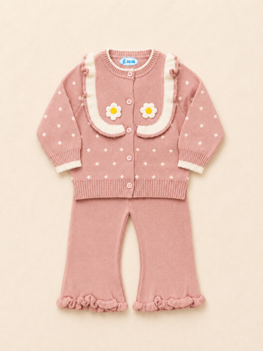 Tea Pink Woollen Baby Girl 2-Piece Set – Floral Ruffle