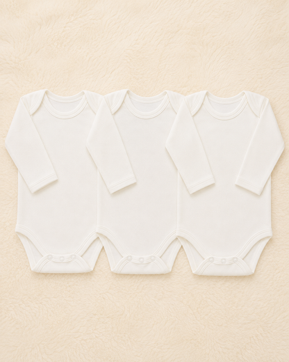 3-Pack Premium Baby Long Sleeve White Bodysuits (0-3 Months) | Soft Cotton Rompers | LittleRoots Pakistan