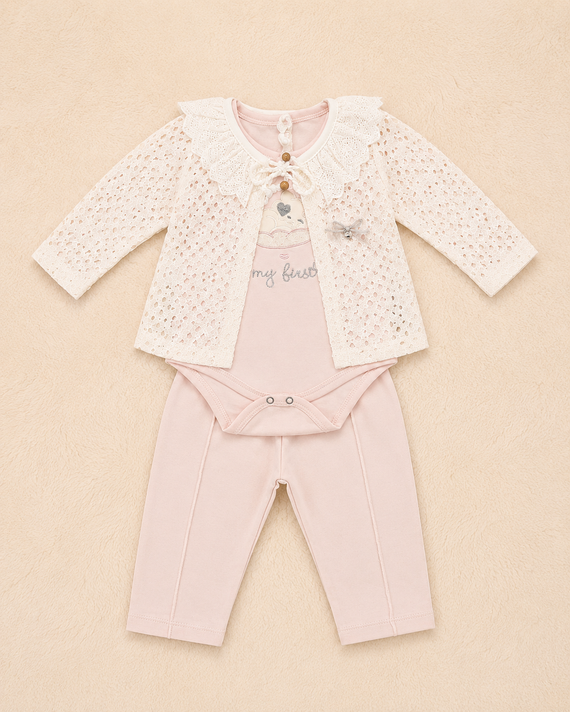 Baby Girl 3-Piece Lace Cardigan, Bodysuit & Trouser Set – Blush Pink | 0-3 Months | LittleRoots Pakistan