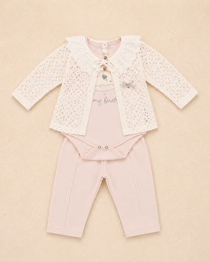 Baby Girl 3-Piece Lace Cardigan, Bodysuit & Trouser Set – Blush Pink | 0-3 Months | LittleRoots Pakistan