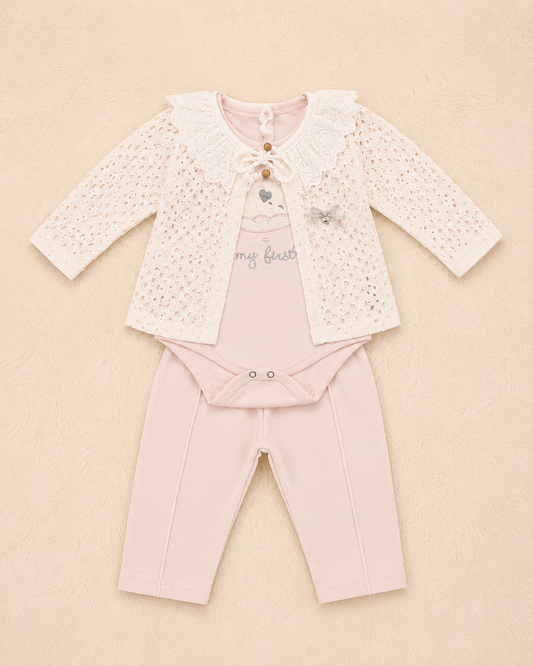 Baby Girl 3-Piece Lace Cardigan, Bodysuit & Trouser Set – Blush Pink | 0-3 Months | LittleRoots Pakistan