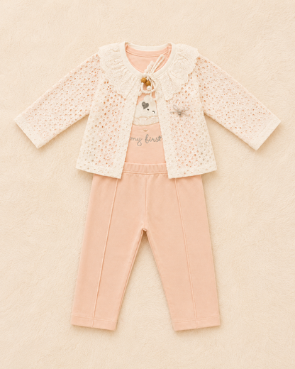 Baby Girl 3-Piece Lace Cardigan, Bodysuit & Trouser Set – Blush Pink | 0-3 Months | LittleRoots Pakistan