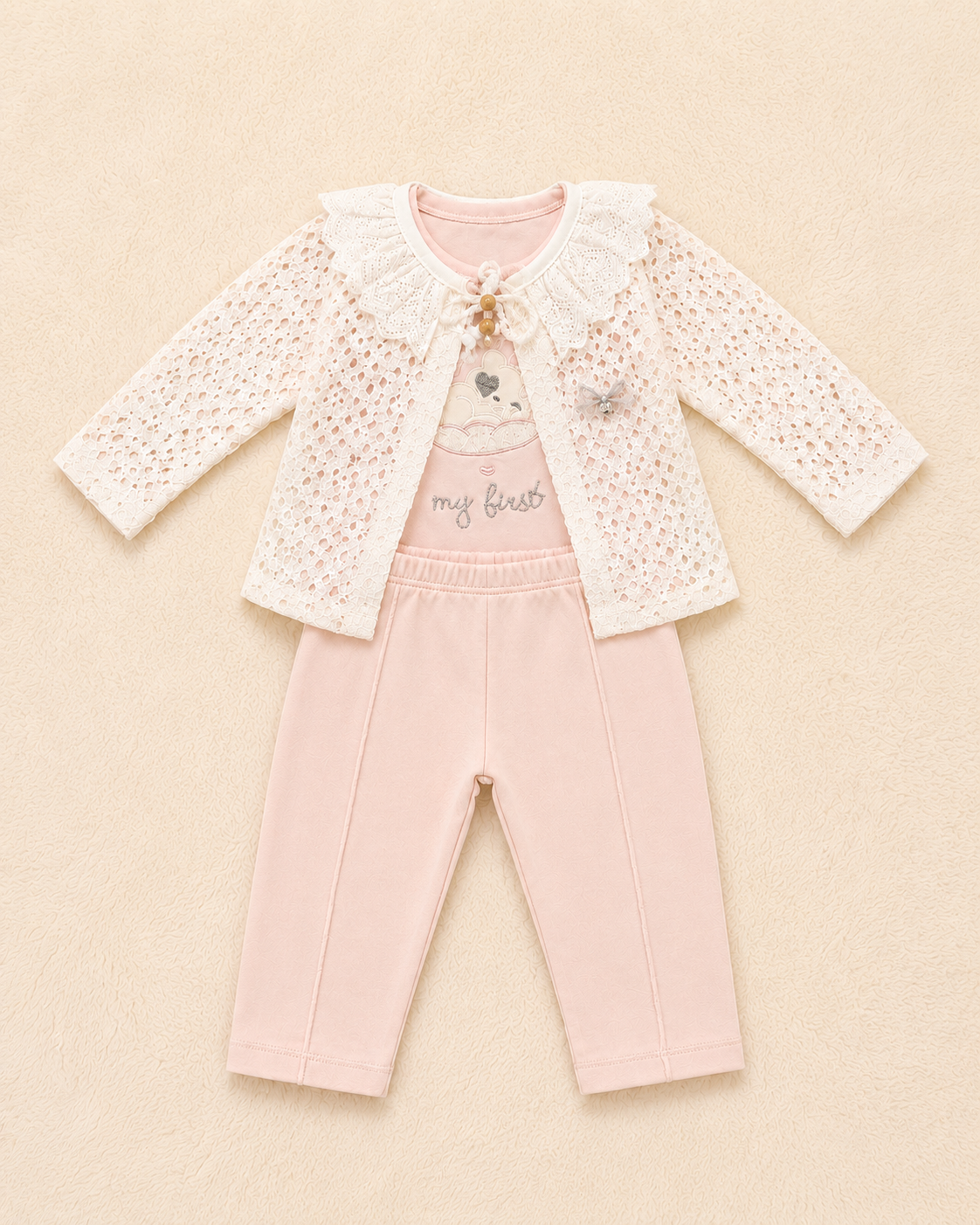 Baby Girl 3-Piece Lace Cardigan, Bodysuit & Trouser Set – Blush Pink | 0-3 Months | LittleRoots Pakistan