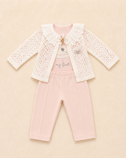 Baby Girl 3-Piece Lace Cardigan, Bodysuit & Trouser Set – Blush Pink | 0-3 Months | LittleRoots Pakistan