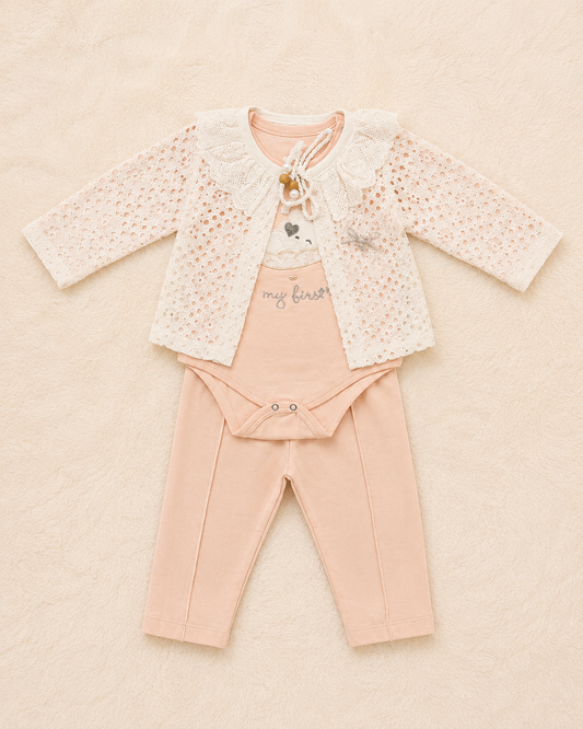 Baby Girl 3-Piece Lace Cardigan, Bodysuit & Trouser Set – Blush Pink | 0-3 Months | LittleRoots Pakistan