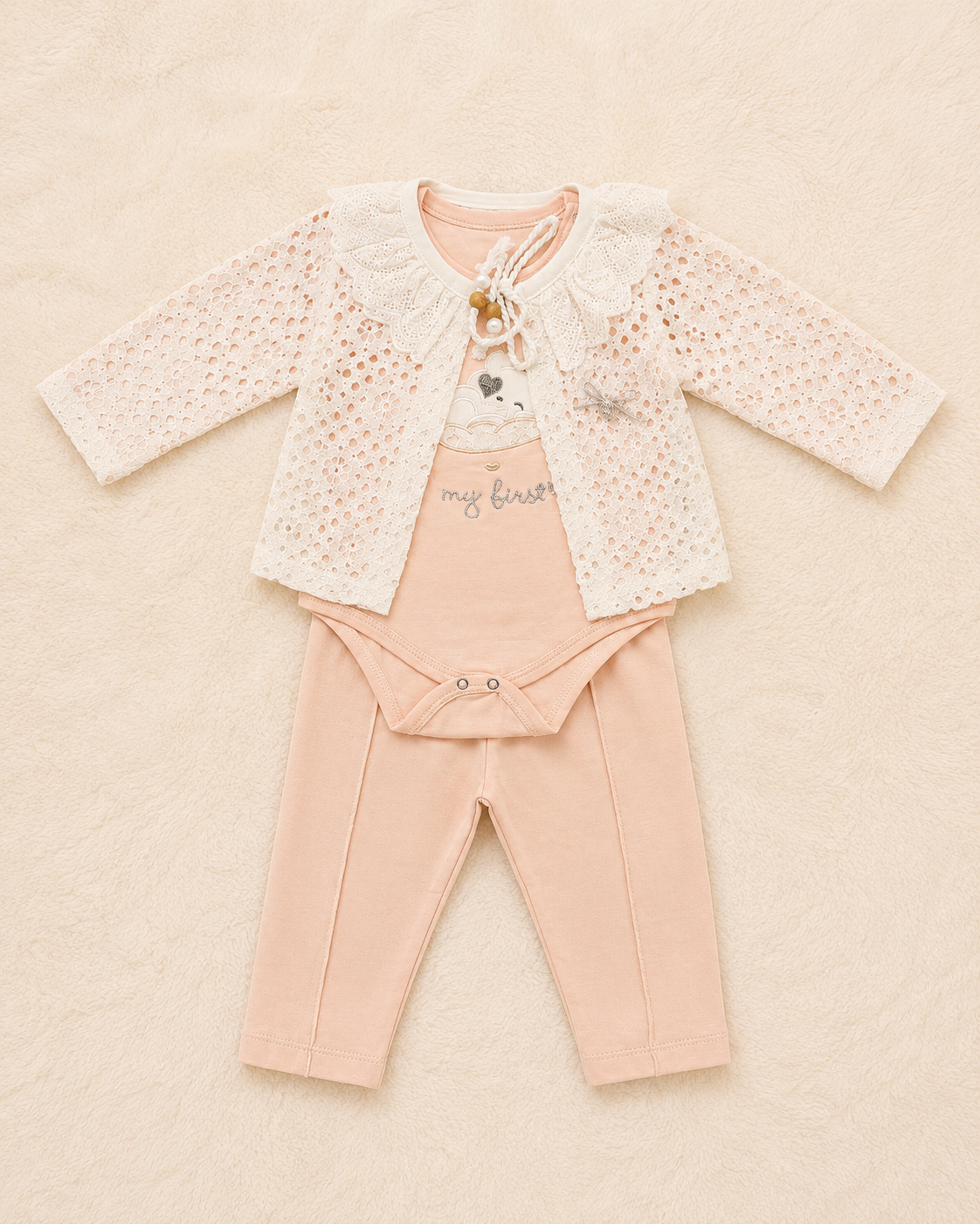 Baby Girl 3-Piece Lace Cardigan, Bodysuit & Trouser Set – Blush Pink | 0-3 Months | LittleRoots Pakistan