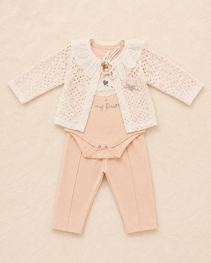 Baby Girl 3-Piece Lace Cardigan, Bodysuit & Trouser Set – Blush Pink | 0-3 Months | LittleRoots Pakistan