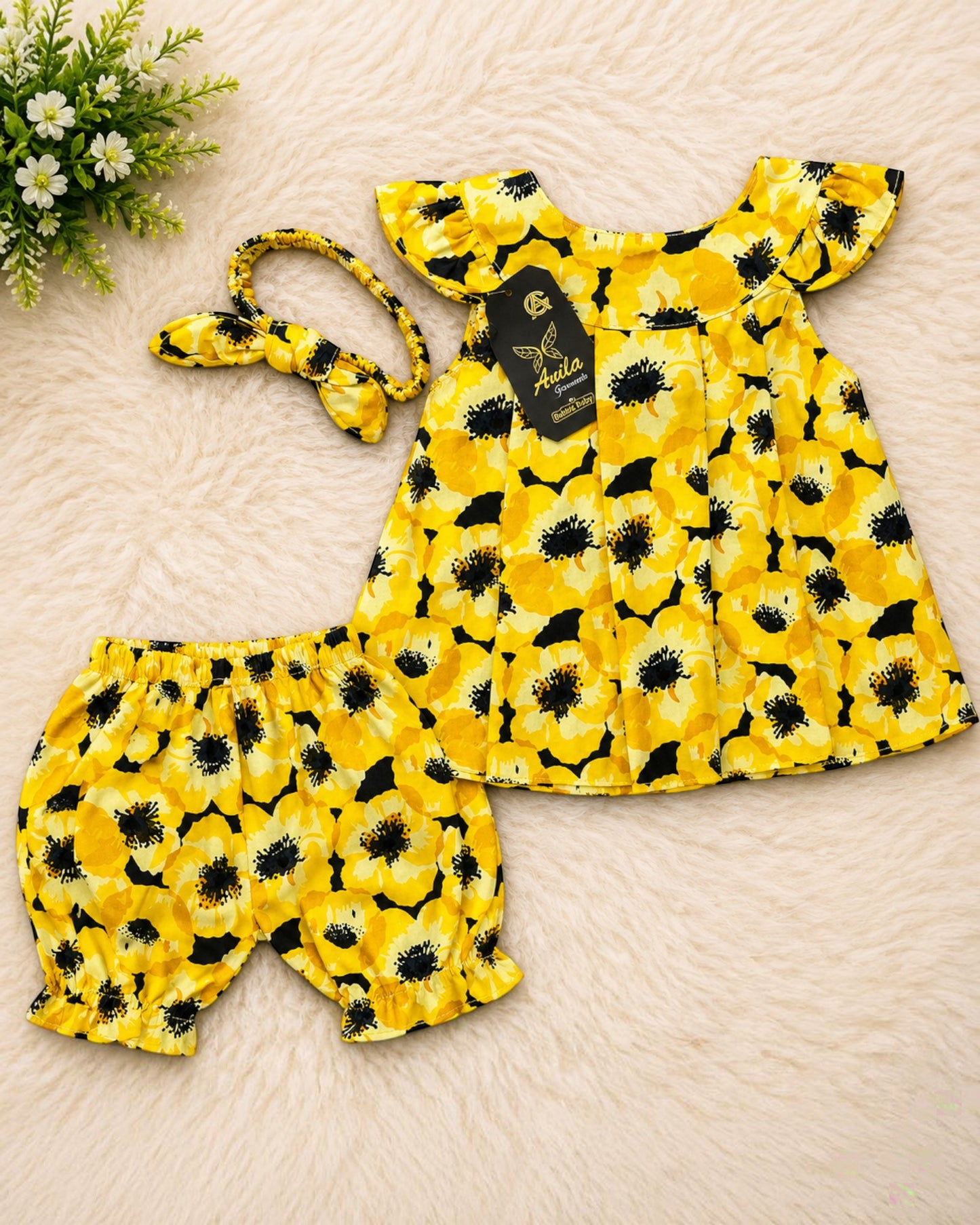 🌼 Sunny Blossom Baby Girl Frock Set with Matching Bloomers & Headband | 3-12 Months