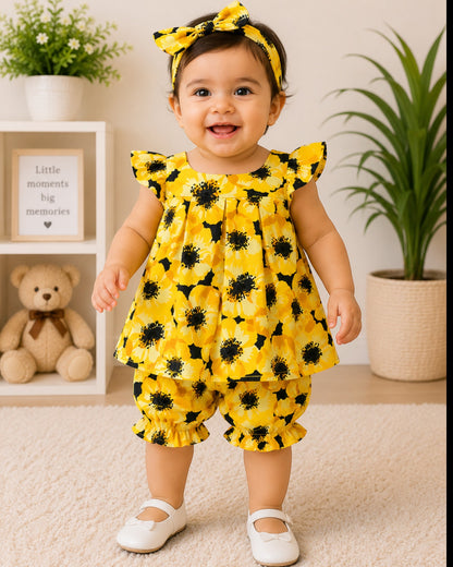 🌼 Sunny Blossom Baby Girl Frock Set with Matching Bloomers & Headband | 3-12 Months