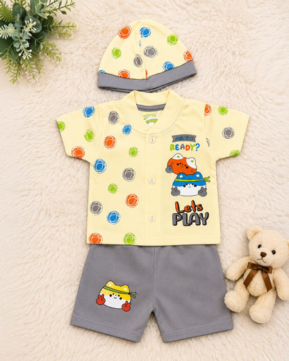 Newborn Baby Boy 3-Piece Cotton Summer Outfit Set with Cap – Ready to Play Edition (0-3 Months)