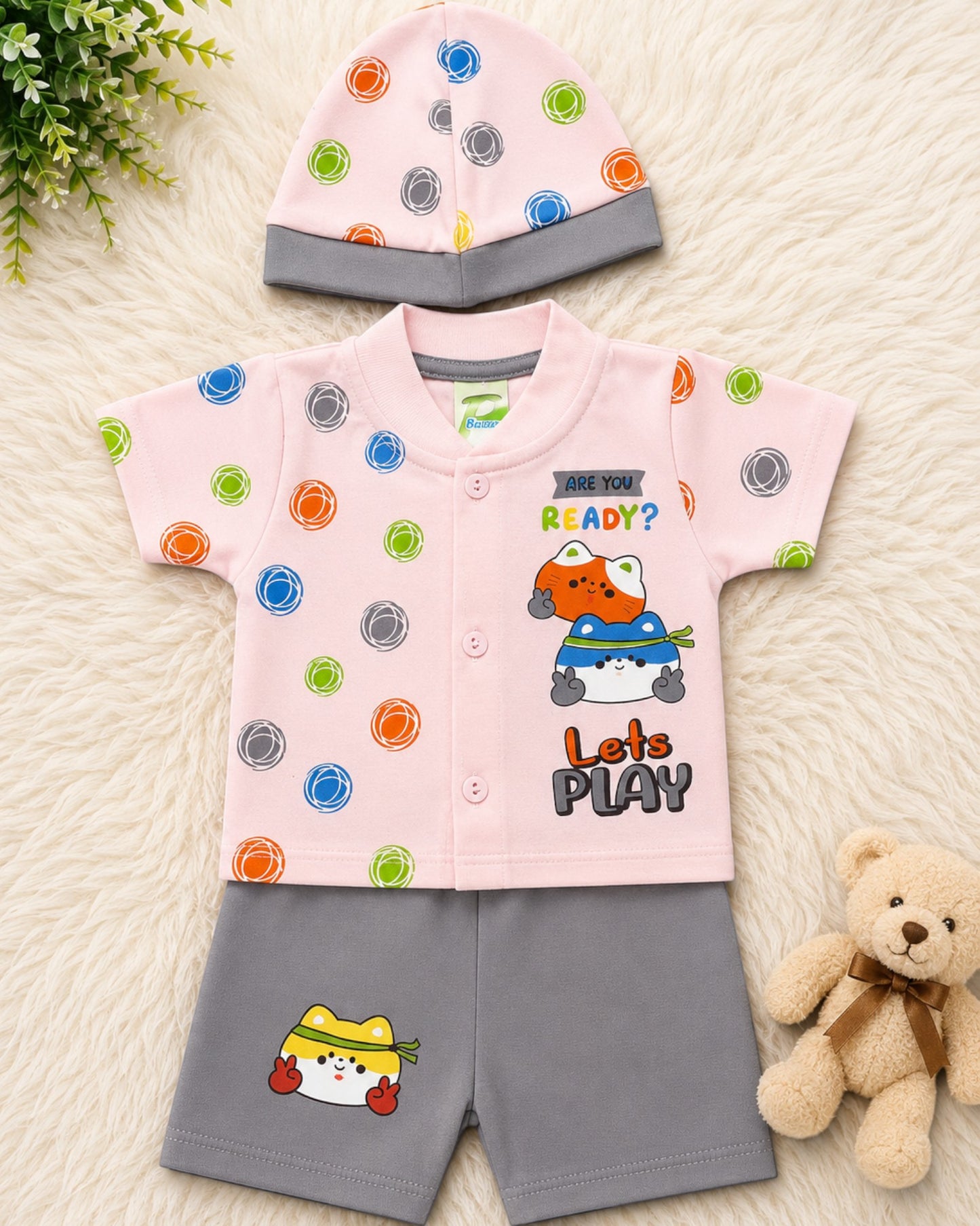 Newborn Baby Boy 3-Piece Cotton Summer Outfit Set with Cap – Ready to Play Edition (0-3 Months)