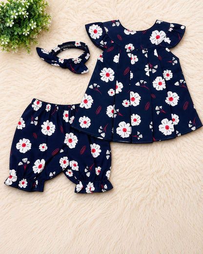 Baby Girl Navy Floral Frock & Bloomers Set with Matching Headband – Premium Summer Outfit (3-12 Months)