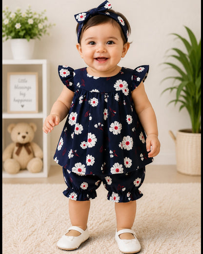Baby Girl Navy Floral Frock & Bloomers Set with Matching Headband – Premium Summer Outfit (3-12 Months)