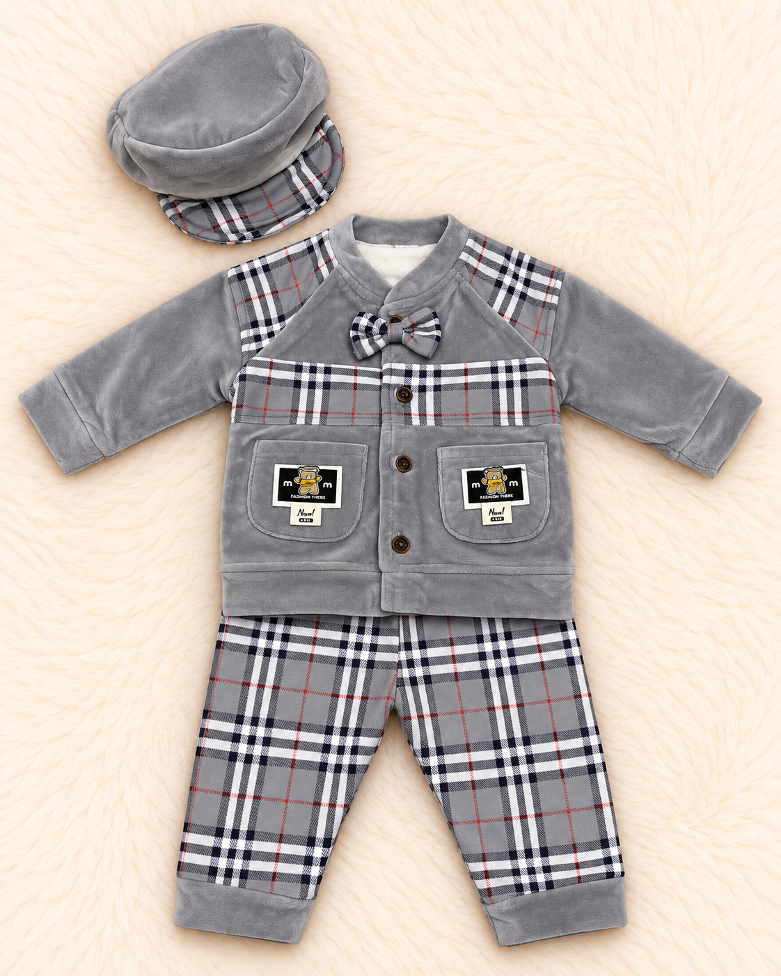 Imported Warm Velvet Baby 3-Piece Set with Cap – 0–3 Months