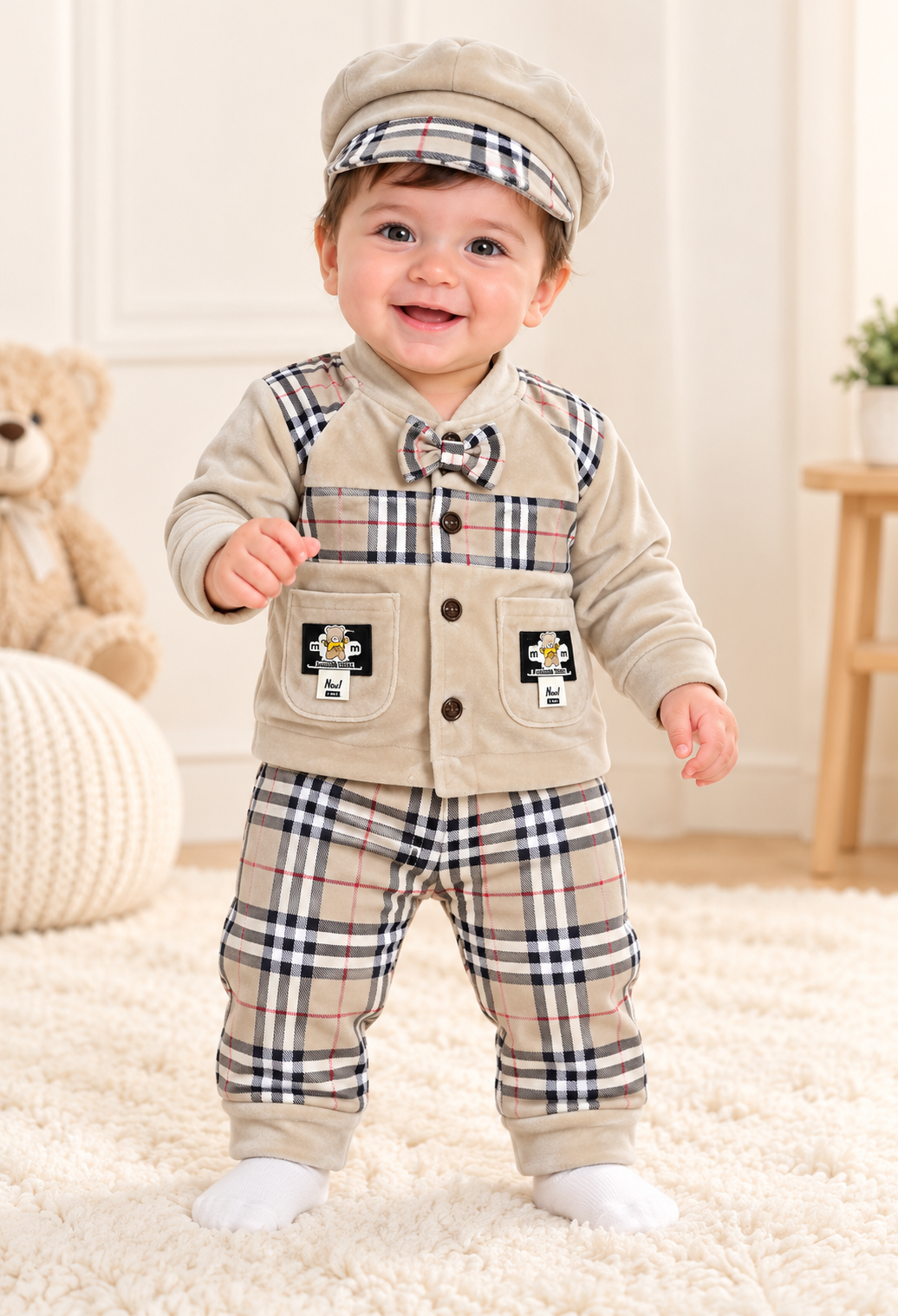 Imported Warm Velvet Baby 3-Piece Set with Cap – 0–3 Months