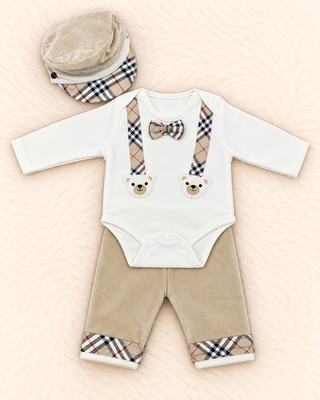 Imported Warm Baby Bodysuit Set with Velvet Trousers & Cap – 0–3 Months