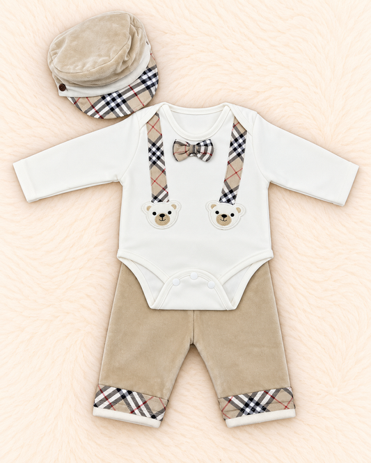 Imported Warm Baby Bodysuit Set with Velvet Trousers & Cap – 0–3 Months