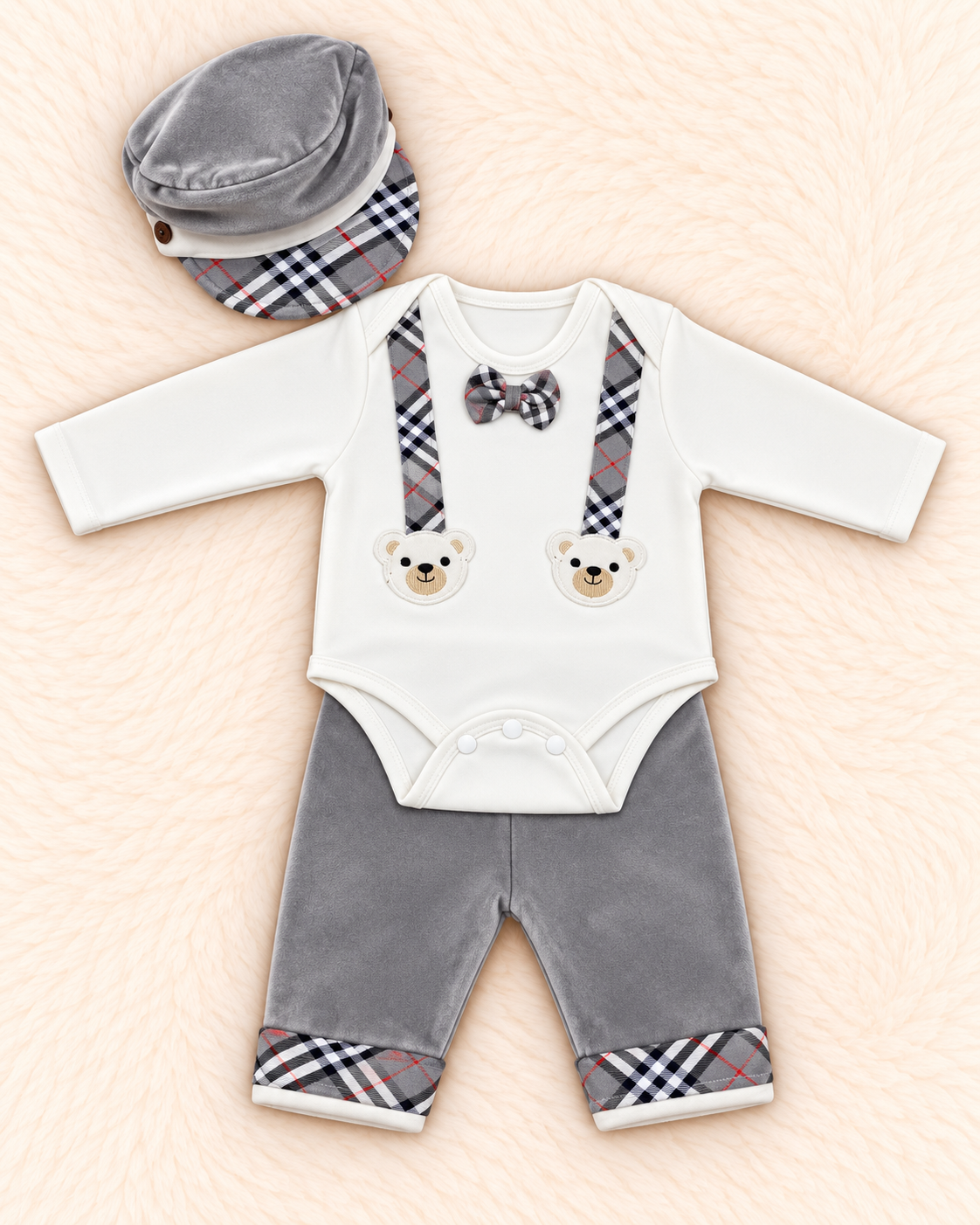 Imported Warm Baby Bodysuit Set with Velvet Trousers & Cap – 0–3 Months