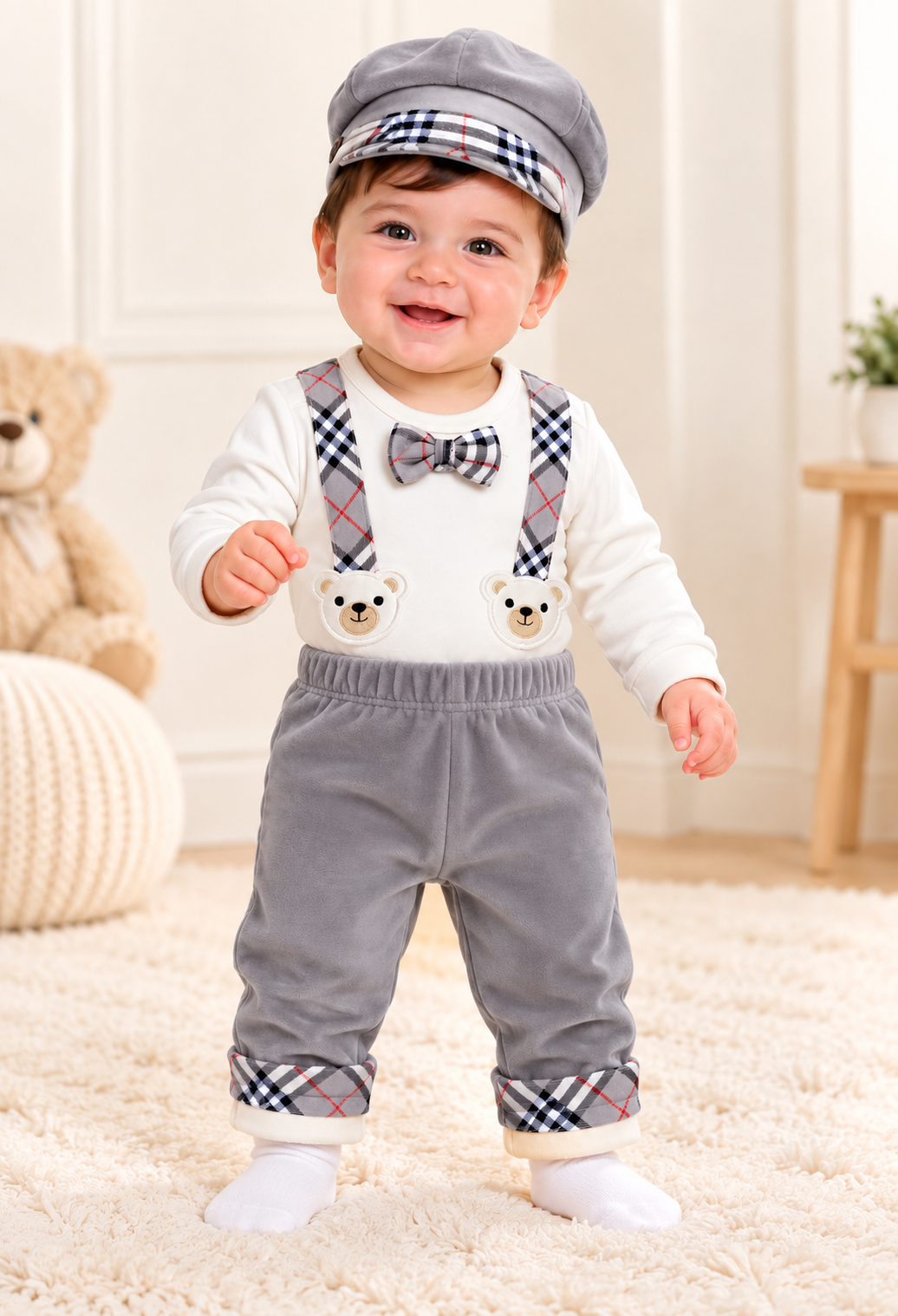 Imported Warm Baby Bodysuit Set with Velvet Trousers & Cap – 0–3 Months
