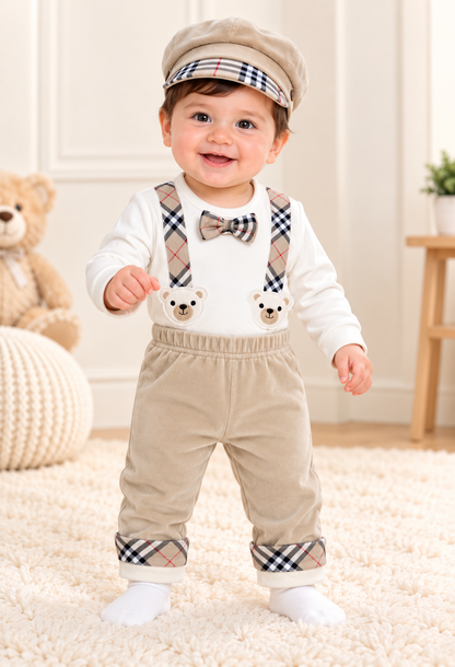 Imported Warm Baby Bodysuit Set with Velvet Trousers & Cap – 0–3 Months