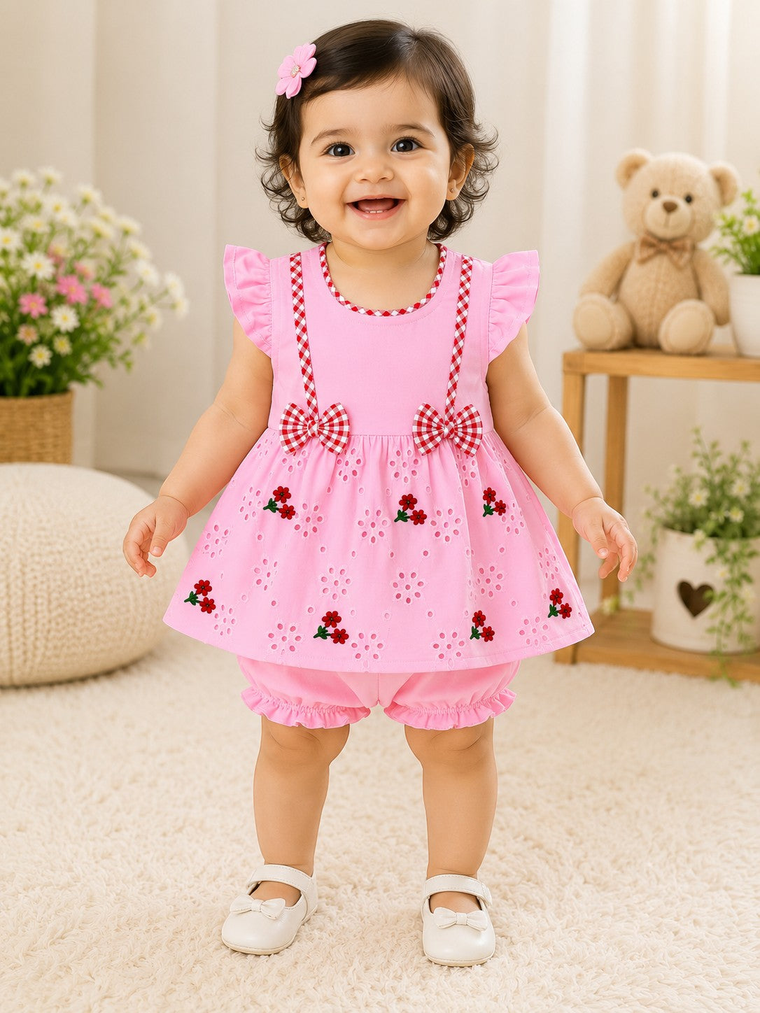 Baby Girl Floral Embroidered Dress Set with Bloomers | Soft Summer Outfit (3-9 Months)