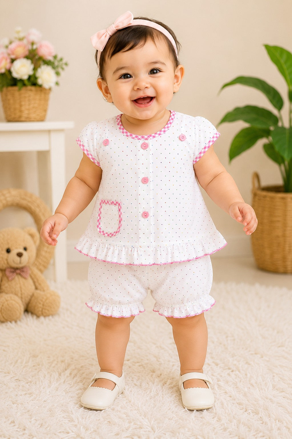 Little Dots Summer Co-Ord Set for Baby Girls – Soft Cotton Top & Shorts (0-6 Months)