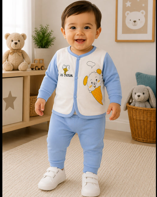 Baby Boy Full Sleeve Cotton Co-Ord Set – Dinosaur Pocket & Ice Cream Print