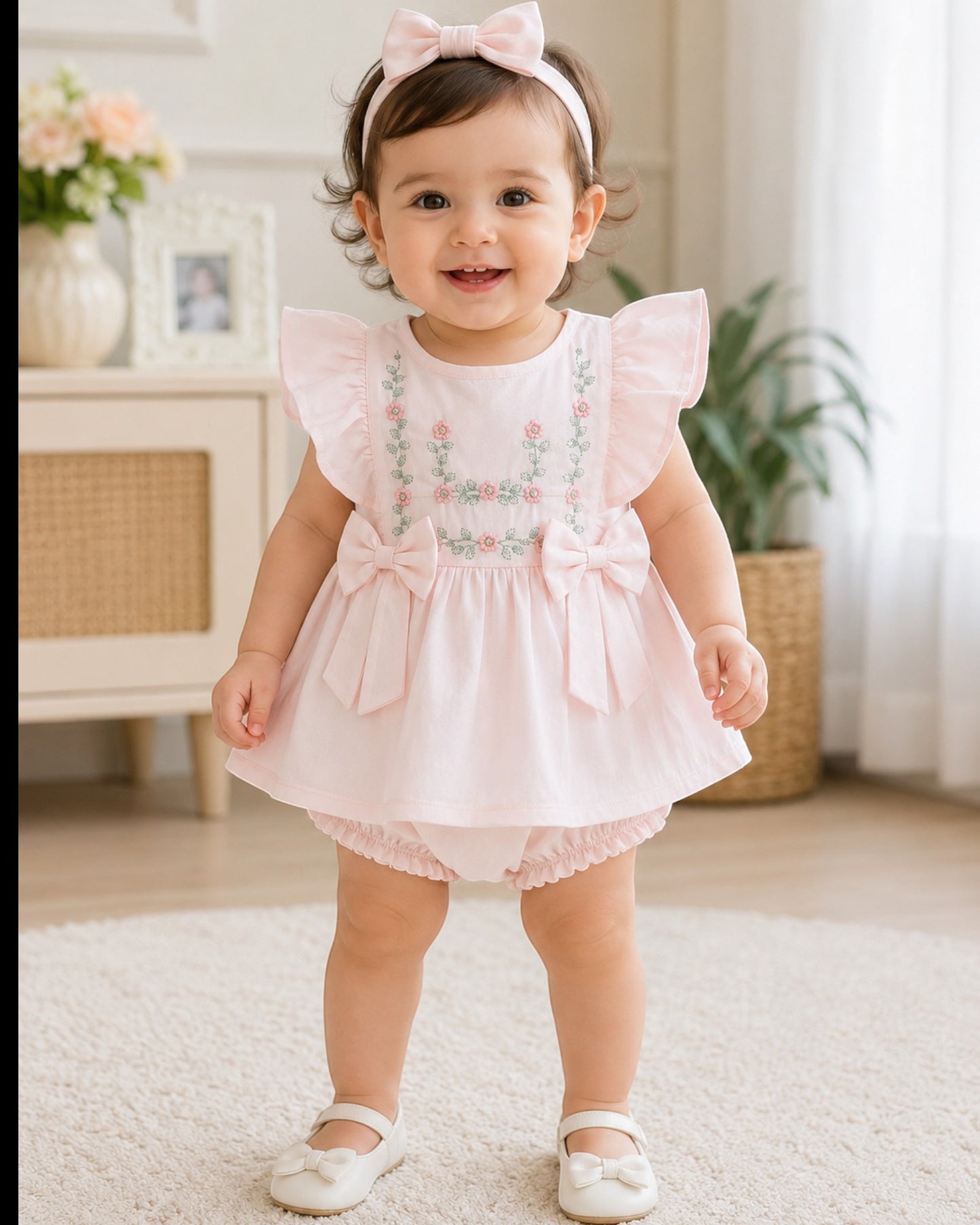 Elegant Floral Embroidered Baby Girl Dress Set with Bloomers | 0-12 Months