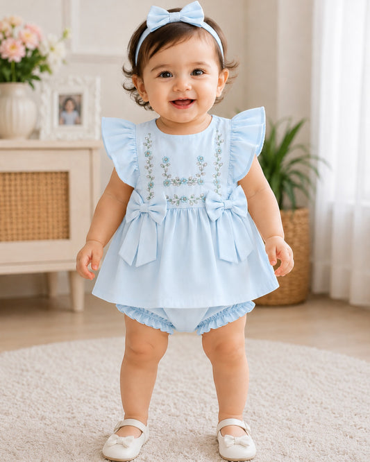 Elegant Floral Embroidered Baby Girl Dress Set with Bloomers | 0-12 Months