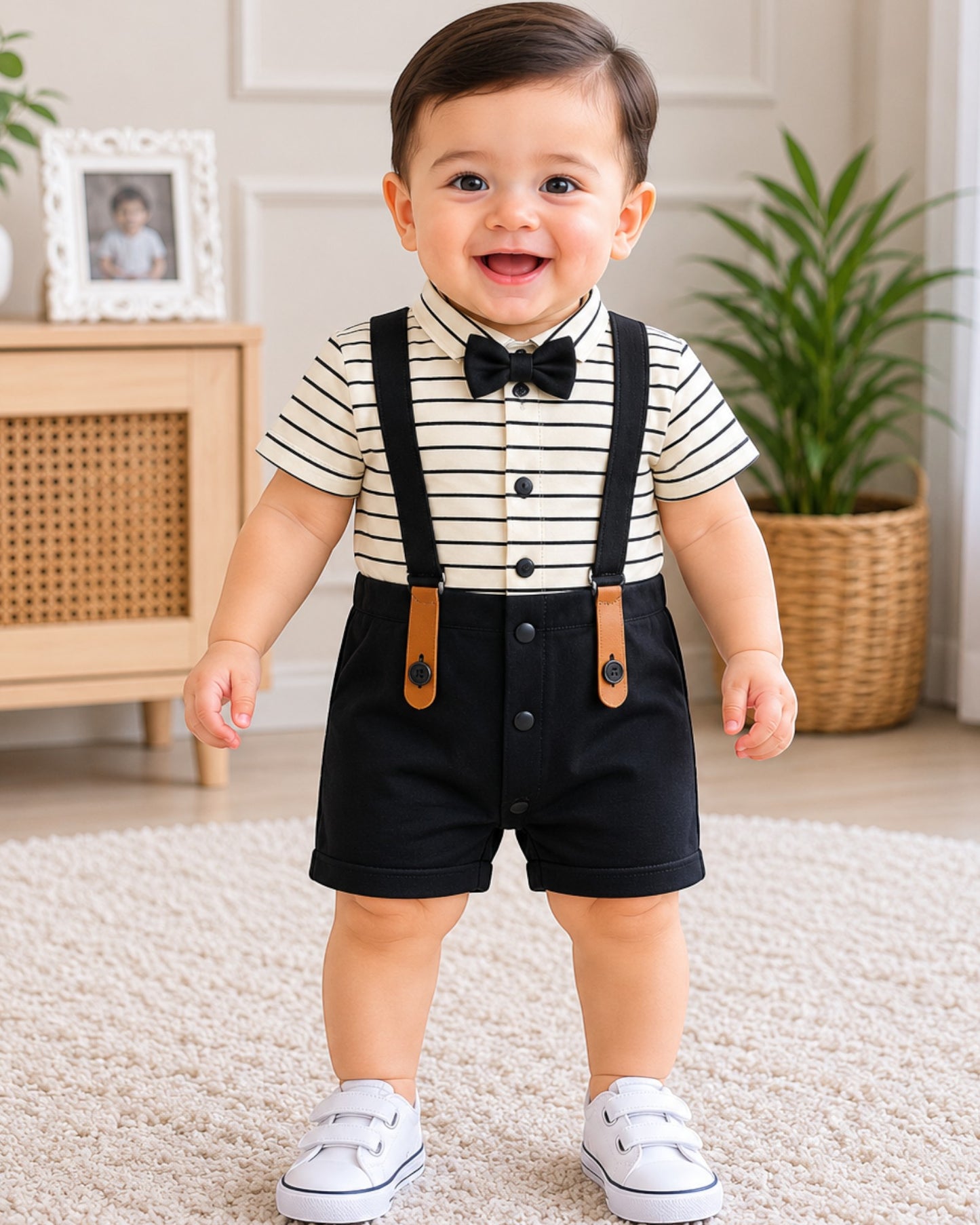 Premium Gentleman Baby Boy Romper with Bow Tie & Suspender Design | 3-9 Months