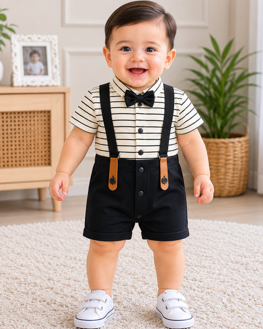 Premium Gentleman Baby Boy Romper with Bow Tie & Suspender Design | 3-9 Months