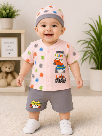 Newborn Baby Boy 3-Piece Cotton Summer Outfit Set with Cap – Ready to Play Edition (0-3 Months)