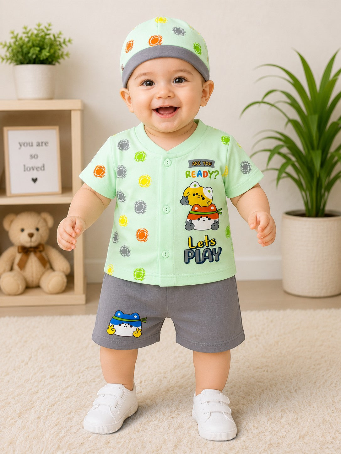 Newborn Baby Boy 3-Piece Cotton Summer Outfit Set with Cap – Ready to Play Edition (0-3 Months)