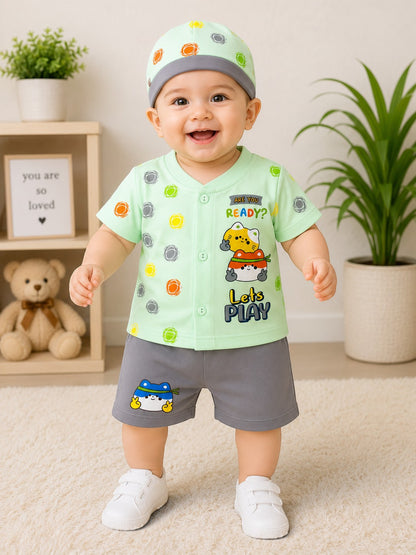 Newborn Baby Boy 3-Piece Cotton Summer Outfit Set with Cap – Ready to Play Edition (0-3 Months)