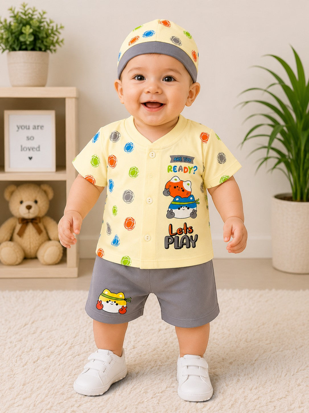 Newborn Baby Boy 3-Piece Cotton Summer Outfit Set with Cap – Ready to Play Edition (0-3 Months)