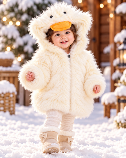 Imported Girls' Fluffy Duck Hooded Winter Jacket – Pink, White, Yellow & Beige