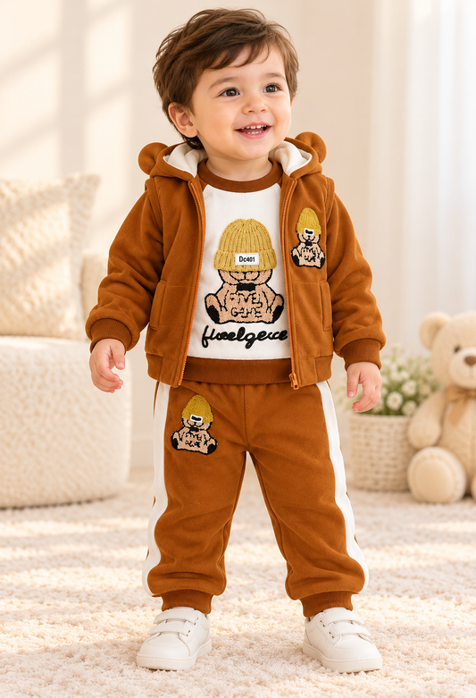 Imported Warm Teddy Bear 3-Piece Winter Suit– Shirt, Trouser & Hooded Jacket