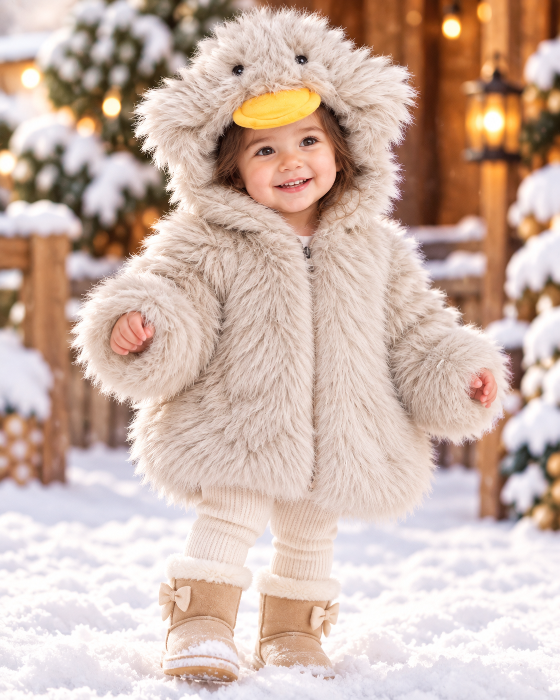 Imported Girls' Fluffy Duck Hooded Winter Jacket – Pink, White, Yellow & Beige