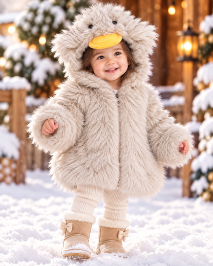 Imported Girls' Fluffy Duck Hooded Winter Jacket – Pink, White, Yellow & Beige