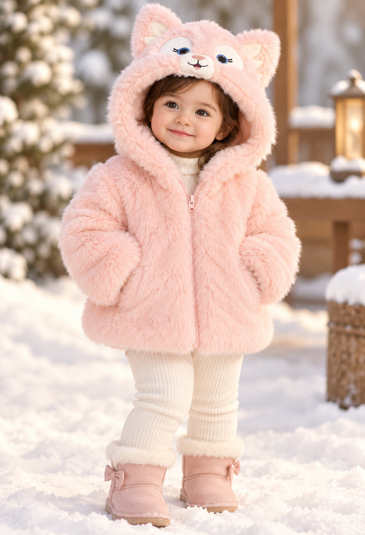 Imported Girls' Fluffy Furry Hooded Winter Jacket – Pink