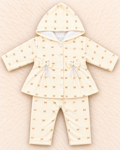 Imported Baby Girl Butterfly Print Hooded Frock with Trousers – 2-Piece Set