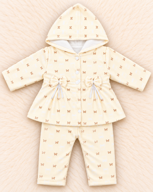 Imported Baby Girl Butterfly Print Hooded Frock with Trousers – 2-Piece Set