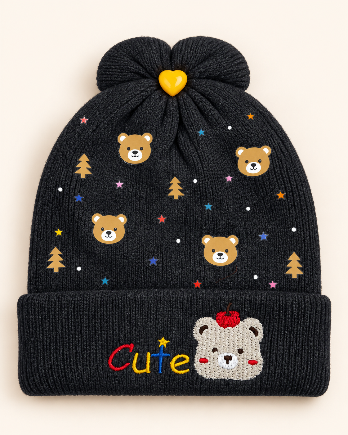Imported Warm Baby Winter Cap – Cute Bear & Star Knit Beanie | 0–6 Months
